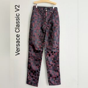 Versace V2 Classic Vintage 90s Geometric Pattern Pants Burgundy Blue Black | S27